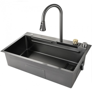 Set chiuveta multifunctionala KOPH din otel inoxidabil, baterie dubla, cuva perforata fructe/legume, cuva universala cu dop scurgere, tocator, 750 × 460 × 220 mm, accesorii incluse, Gun Grey