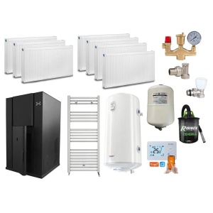 Pachet centrala peleti KOPH PM 35 KW, 230 mp, buncar peleti 80 kg, diametru cos fum ⌀100 mm, pompa recirculare si vas expansiune incorporate, Calorifere, Termostat inteligent KOPH I302, Robineti Tur/Retur, Boiler termoelectric Tesy 100 litri