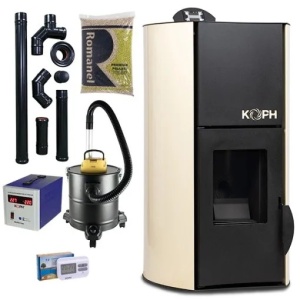 Pachet termosemineu pe peleti KOPH PM 13 kW, 90 mp, buncar peleti 12 kg, diametru cos fum ⌀80 mm, pompa recirculare si vas expansiune incorporate, Crem - Img 1
