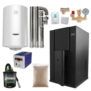 Pachet centrala termica cu peleti KOPH PM 40 kW, 250 mp, buncar peleti 100 kg, diametru cos fum ⌀100 mm, pompa recirculare si vas expansiune incorporate, Grup siguranta, Filtru Y si Boiler termoelectric Ariston 100 litri