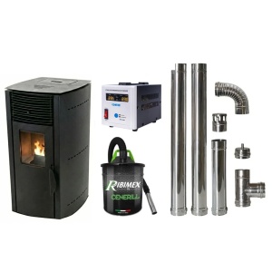 Pachet economic - Soba pe peleti KOPH PD 10 kW, cu aer cald, buncar peleti 12 kg, 60 mp, Negru + Stabilizator tensiune + Aspirator cenusa 1000W + Cos fum inox de interior ⌀80 mm