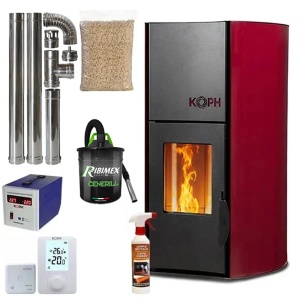 Pachet termosemineu cu peleti KOPH PM 25 kW Fiama, 160 mp, buncar peleti 25 kg, diametru cos fum ⌀80 mm, pompa recirculare si vas expansiune incorporate, Bordo