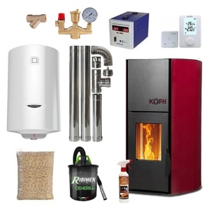 Pachet termosemineu cu peleti KOPH PM 25 kW Fiama, 160 mp, buncar peleti 25 kg, diametru cos fum ⌀80 mm, pompa recirculare si vas expansiune incorporate, Bordo, Grup siguranta, Filtru Y si Boiler termoelectric Ariston 100 litri