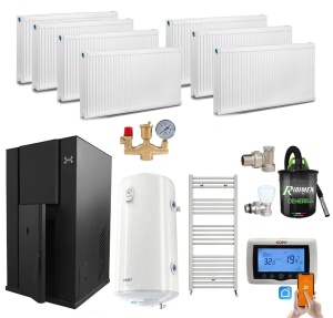 Pachet centrala termica cu peleti KOPH PM 40 kW, 250 mp, buncar peleti 100 kg, diametru cos fum ⌀100 mm, pompa recirculare si vas expansiune incorporate, Calorifere, Boiler Termoelectric Tesy 100 litri, Termostat inteligent KOPH CT99