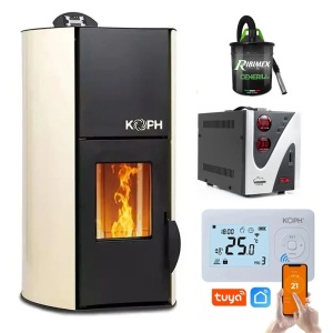 Pachet Smart Control - Termosemineu cu peleti KOPH PM 25 kW Fiama, 160 mp, diametru cos fum ⌀80 mm, pompa recirculare si vas expansiune incorporate, Crem + Termostat inteligent KOPH I302 WiFi + Aspirator cenusa 1000W + Stabilizator tensiune