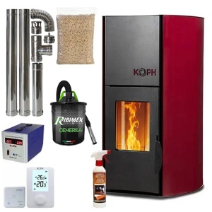 Pachet termosemineu pe peleti KOPH PM 12 kW, 80 mp, buncar peleti 12 kg, diametru cos fum ⌀80 mm, pompa recirculare si vas expansiune incorporate, Bordo