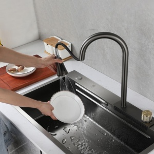 Set chiuveta multifunctionala KOPH din otel inoxidabil, baterie dubla, cuva perforata fructe/legume, cuva universala cu dop scurgere, tocator, 750 × 460 × 220 mm, accesorii incluse, Gun Grey