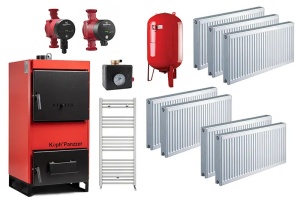 Pachet centrala pe lemn/carbune KOPH Panzzer 30 kW/35 kW cu regulator de tiraj inclus, Ø 130 mm, complet echipata