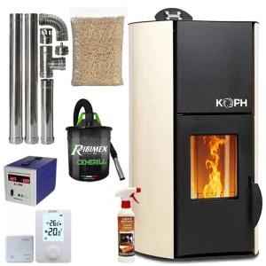 Pachet termosemineu cu peleti KOPH PM 25 kW Fiama, 160 mp, buncar peleti 25 kg, diametru cos fum ⌀80 mm, pompa recirculare si vas expansiune incorporate, Crem