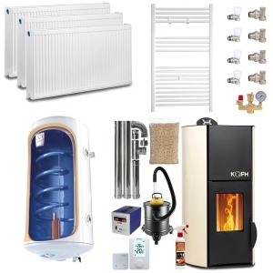 Pachet termosemineu pe peleti KOPH PM 12 kW, 80 mp, buncar peleti 12 kg, diametru cos fum ⌀80 mm, pompa recirculare si vas expansiune incorporate, Boiler termoelectric, Calorifere, Robineti, Grup Siguranta