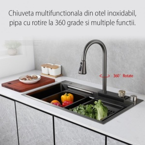 Set chiuveta multifunctionala KOPH din otel inoxidabil, baterie dubla, cuva perforata fructe/legume, cuva universala cu dop scurgere, tocator, 750 × 460 × 220 mm, accesorii incluse, Gun Grey