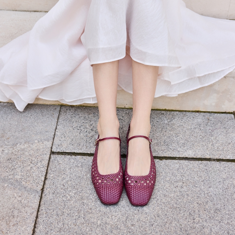 Balerini burgundy tip Mary Jane cu vârf pǎtrat Lori din piele naturală perforatǎ - Img 3