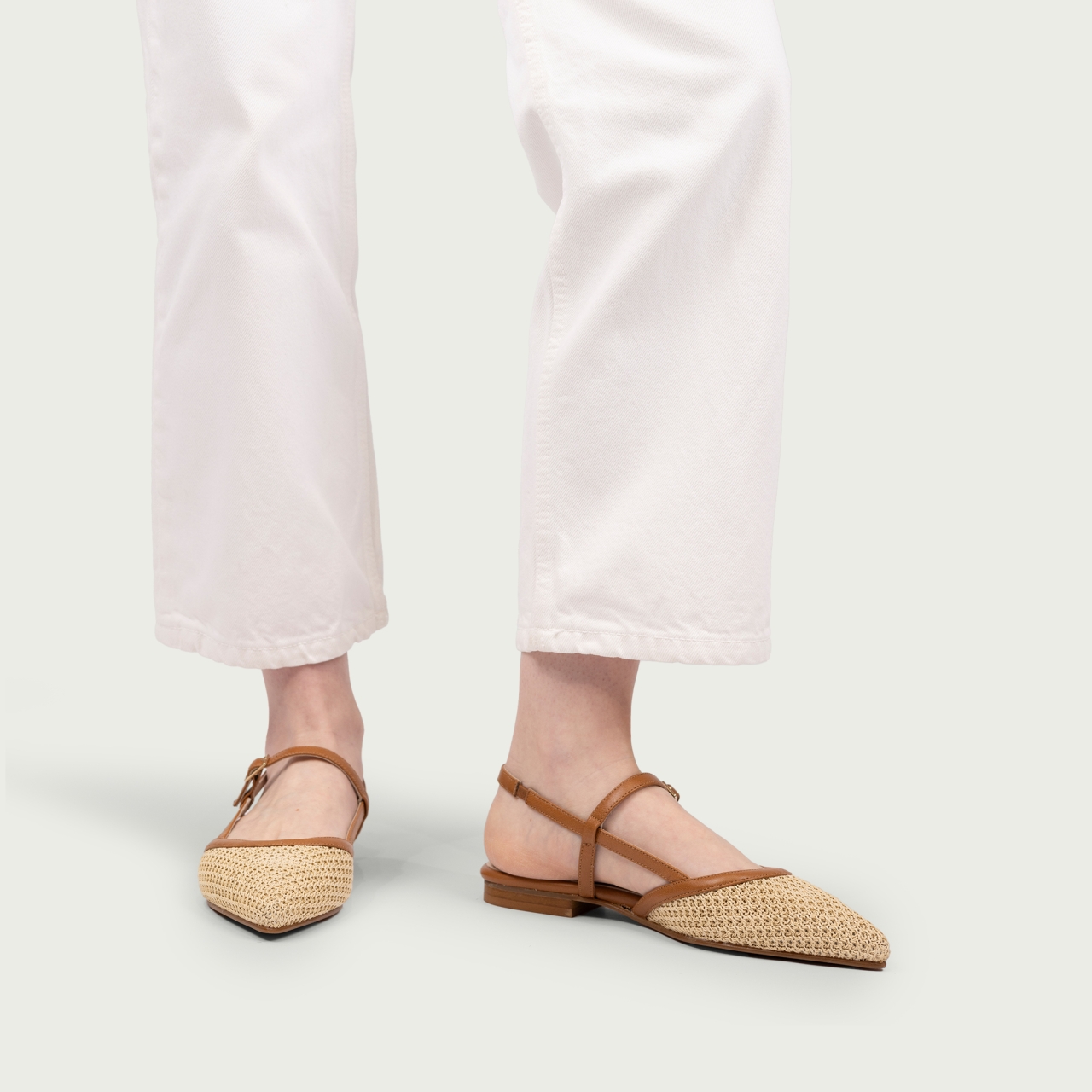 Balerini decupați camel cu vârf ascuțit Anka piele naturală și fibră textilă - Img 2