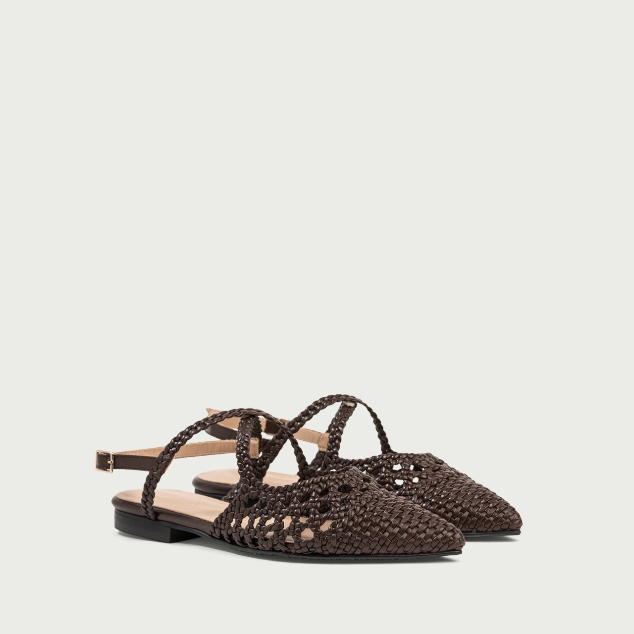 Balerini decupați maro ciocolatiu Madeleine cu vârf ascuțit din piele naturală împletită - Img 2