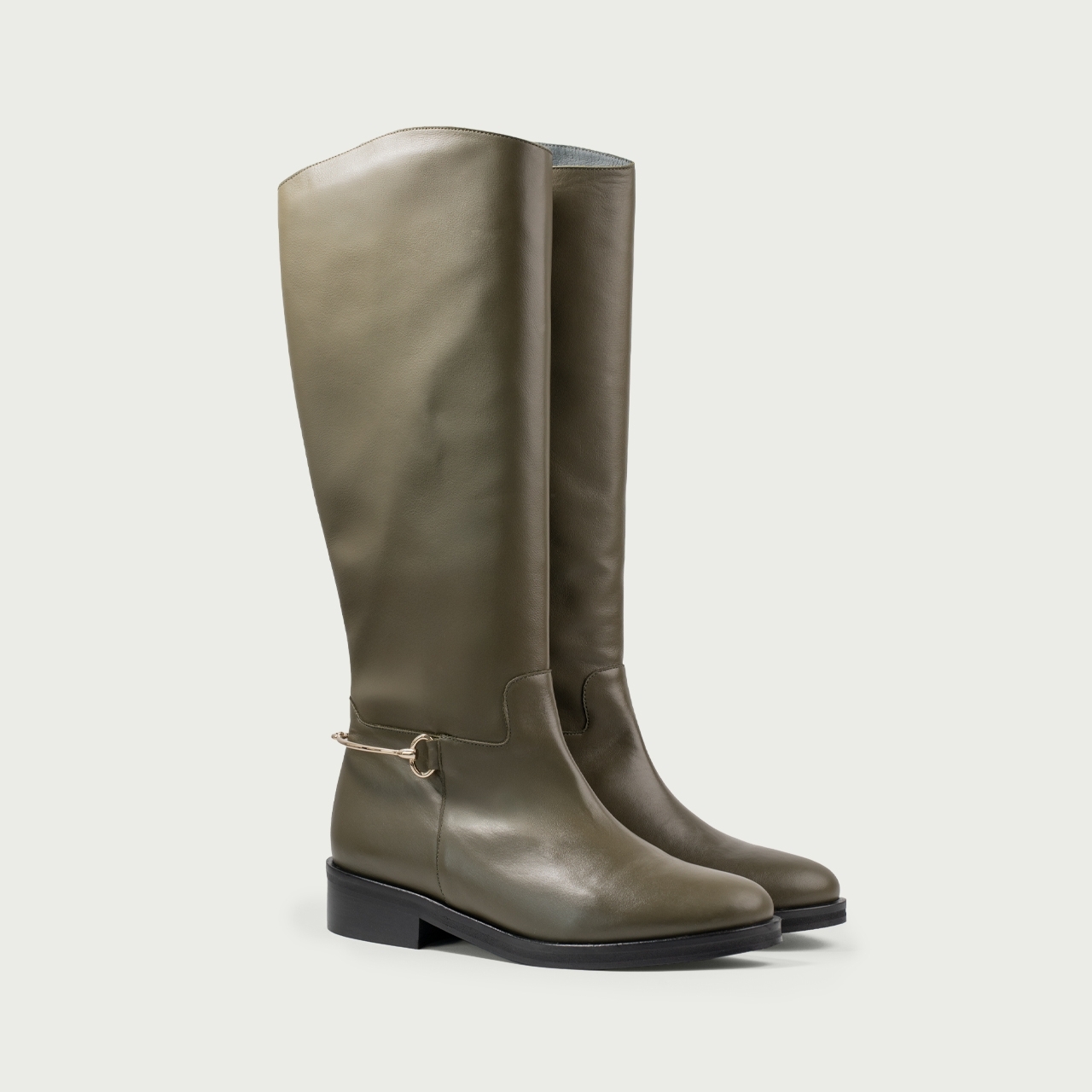 Cizme lungi khaki cu talpă joasă și accesoriu metalic Milla din piele naturală - Img 2