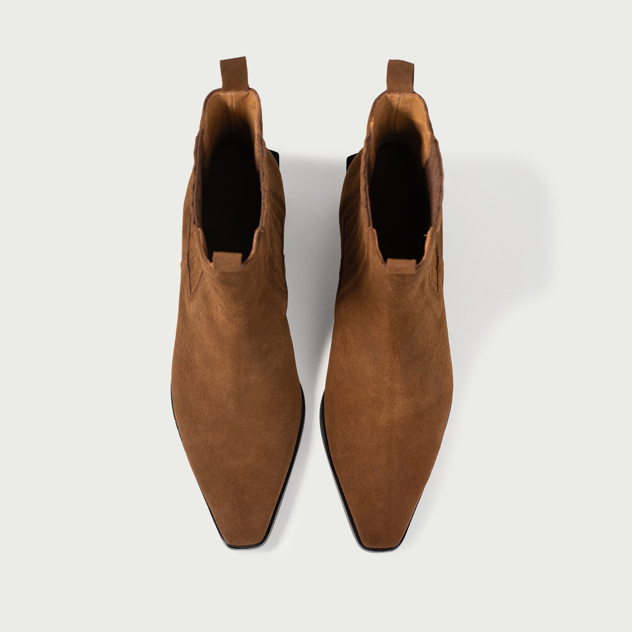 Cizme scurte cu toc gros și elastic lateral Noel din piele întoarsă naturală camel - Img 4