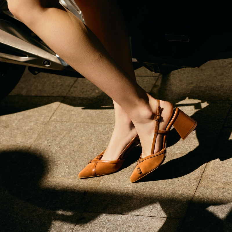Pantofi cu toc gros decupați camel Isobel din piele naturală - Img 2