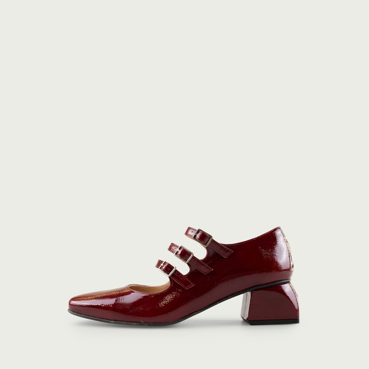 Pantofi cu toc gros și barete burgundy Leanne din piele naturală lăcuită - Img 1