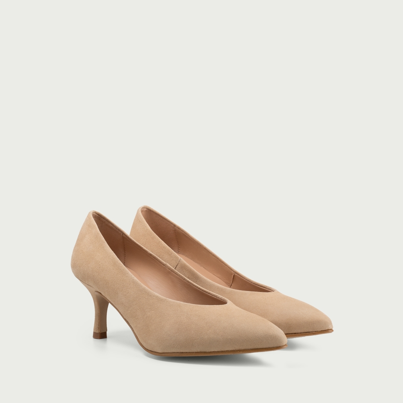 Pantofi cu toc subțire bej Alecsandra din piele întoarsă naturală - Img 2