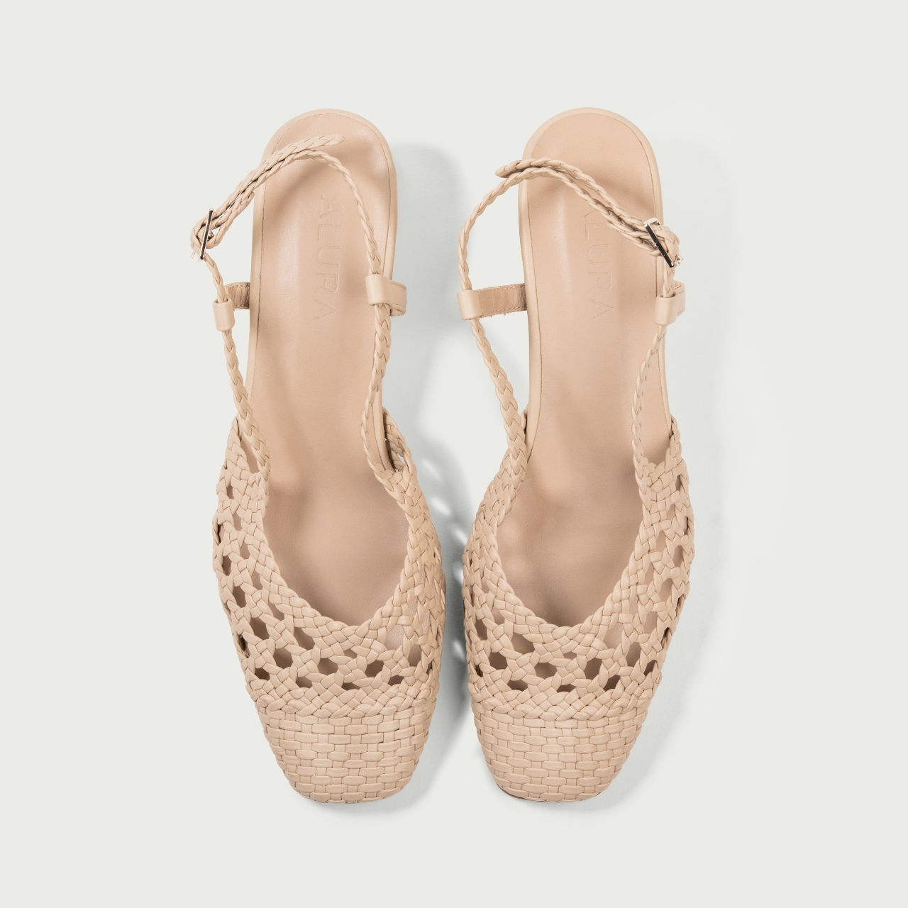 Pantofi decupați bej cu toc gros Daiana din piele naturală împletita - Img 3