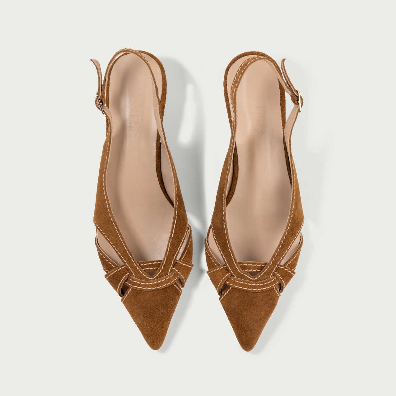 Pantofi decupați cu toc subțire camel Daphne din piele întoarsă naturală - Img 3