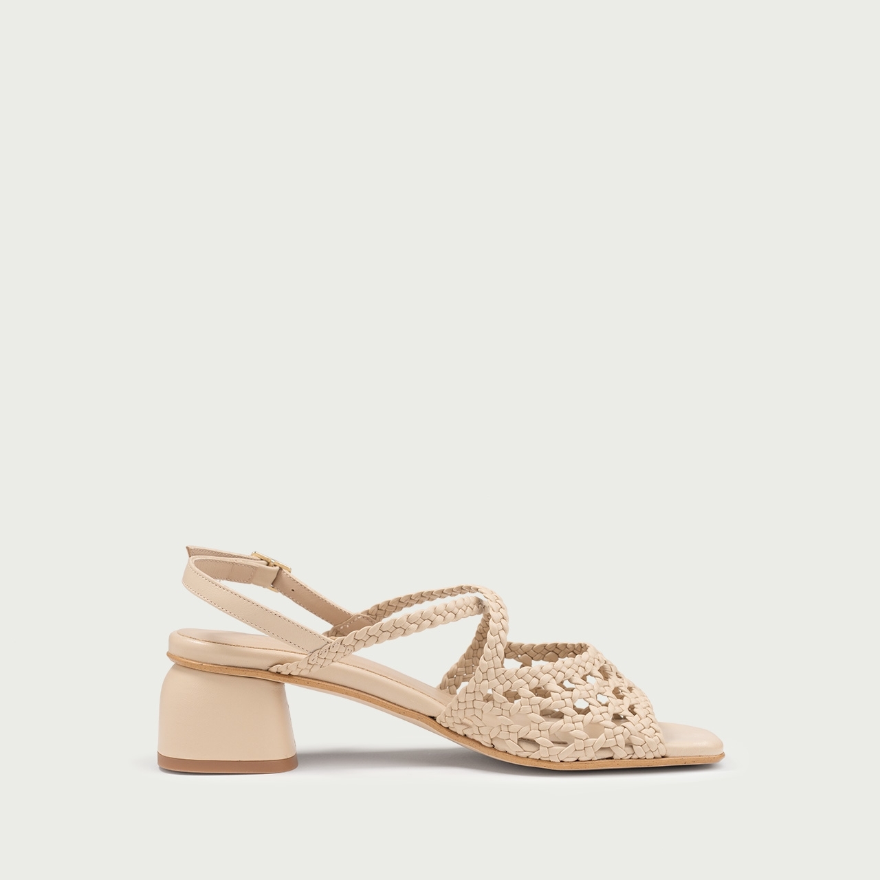 Sandale bej cu toc gros Amanda din piele naturală împletită - Img 5