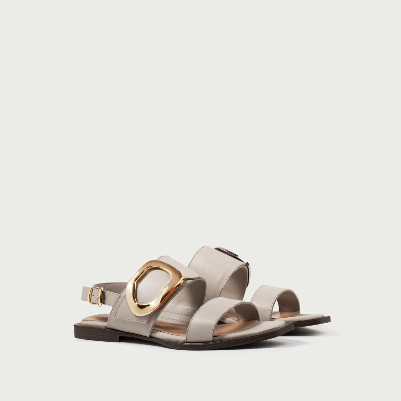 Sandale damă fără toc gri Caia din piele naturală cu accesoriu metalic - Img 2