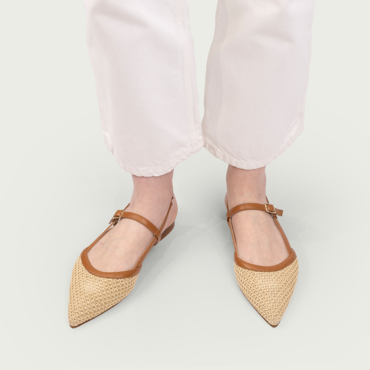 Balerini decupați camel cu vârf ascuțit Anka piele naturală și fibră textilă - Img 6