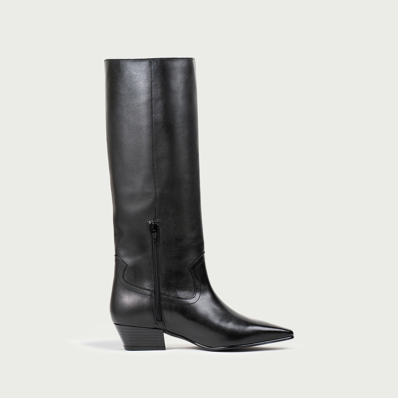 Cizme lungi negre cu toc gros și accesoriu metalic Natalie din piele naturală - Img 7