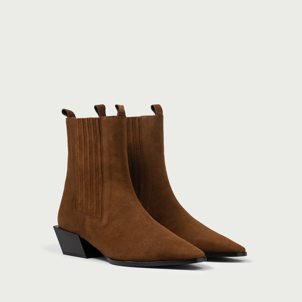 Cizme scurte cu toc gros și elastic lateral Noel din piele întoarsă naturală camel - Img 2