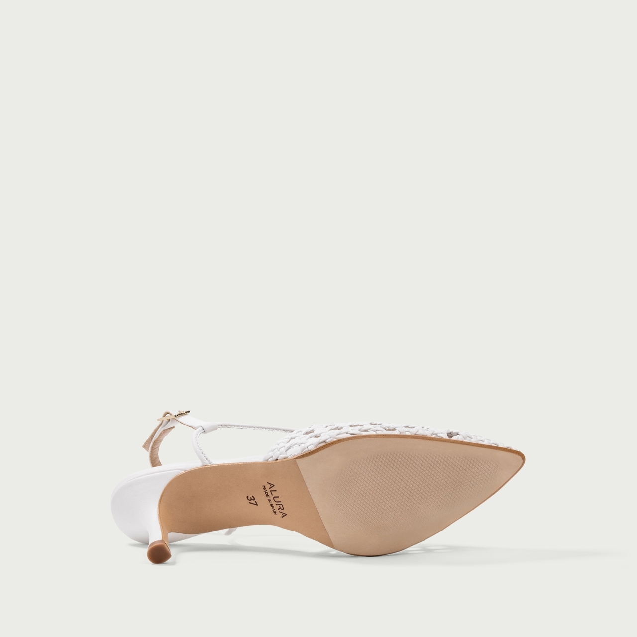 Pantofi decupați albi cu toc subțire Cecille din piele naturală împletită - Img 8