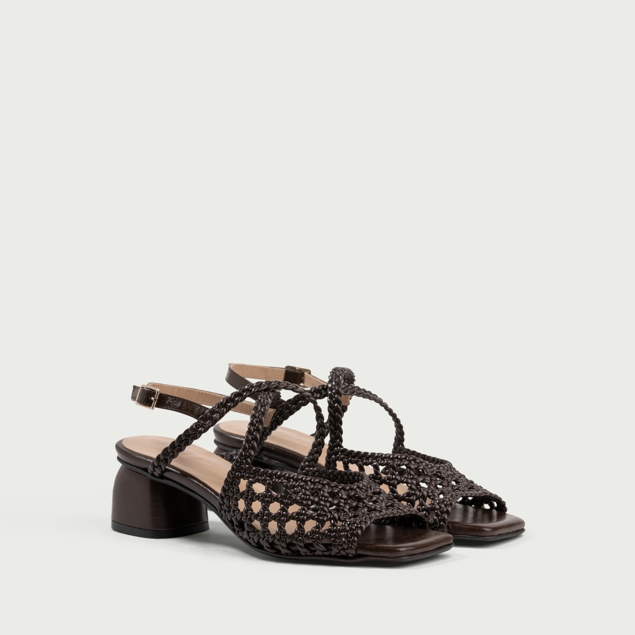 Sandale cu toc gros Amanda din piele naturală împletită maro ciocolatiu - Img 2