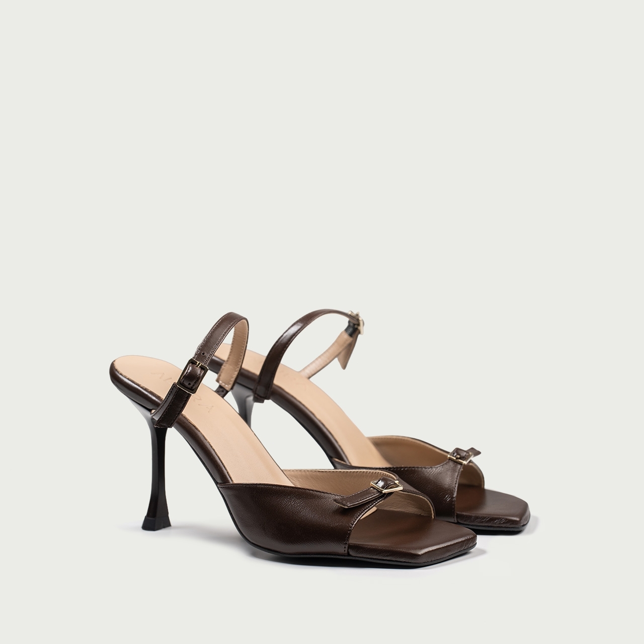 Sandale cu toc subțire maro ciocolatiu Valentina din piele naturală - Img 2