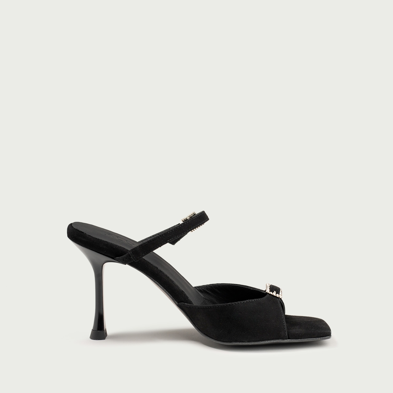 Sandale elegante cu toc subțire negre Valentina din piele întoarsă naturalǎ - Img 5