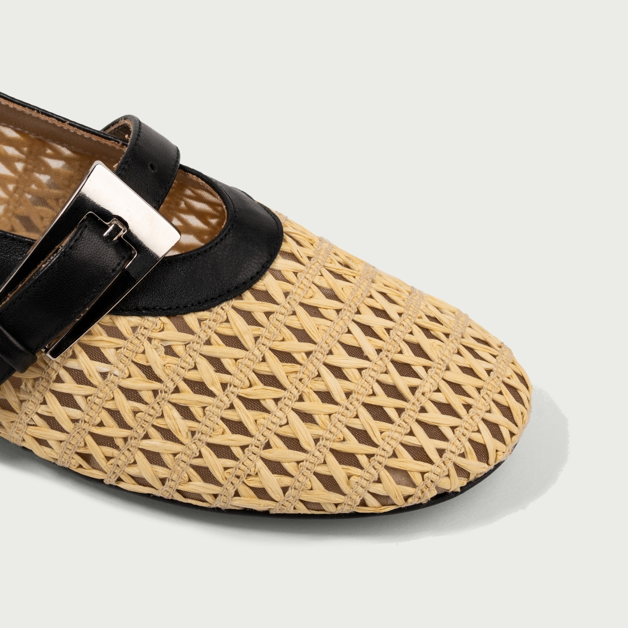 Balerini cu vârf rotund și baretă Tess din rafie și piele naturală - Img 3