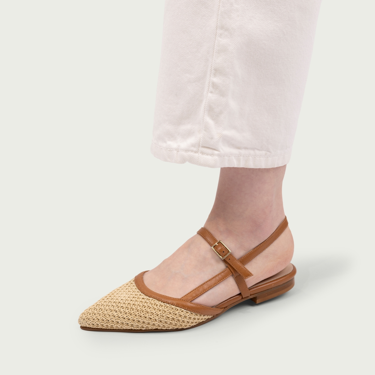 Balerini decupați camel cu vârf ascuțit Anka piele naturală și fibră textilă - Img 7