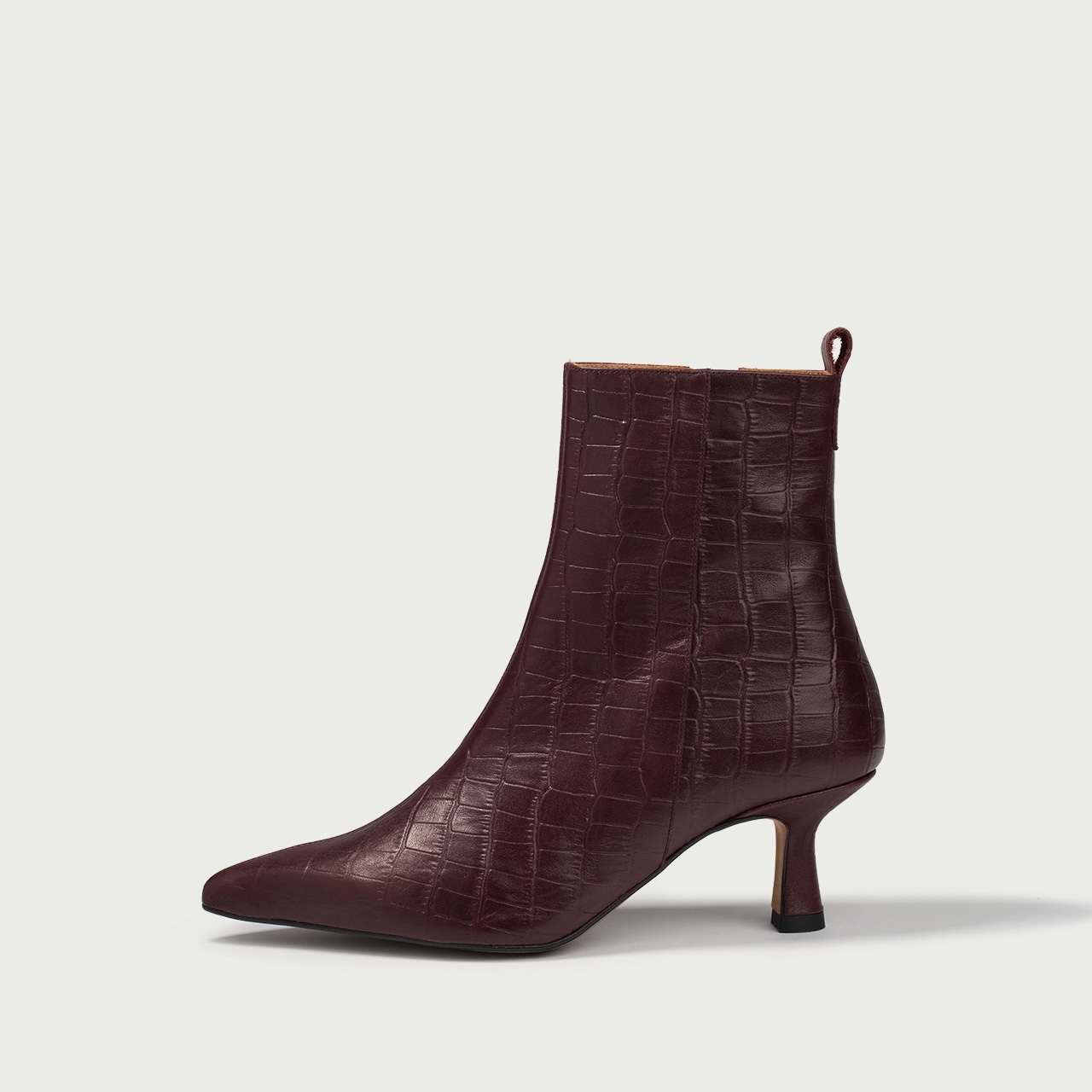 Botine burgundy cu toc subțire Angelique din piele naturală croco - Img 1