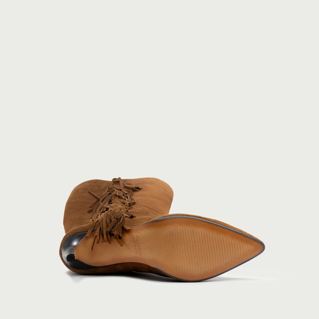 Cizme lungi cu franjuri și toc subțire Denyse din piele întoarsă naturală camel - Img 6