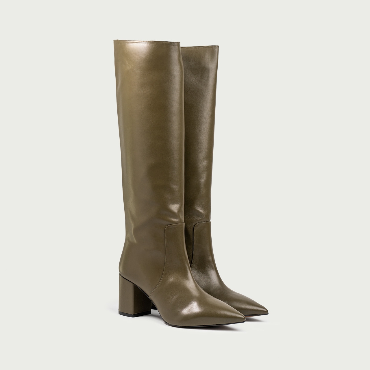 Cizme lungi olive cu toc gros Aisha din piele naturală - Img 2