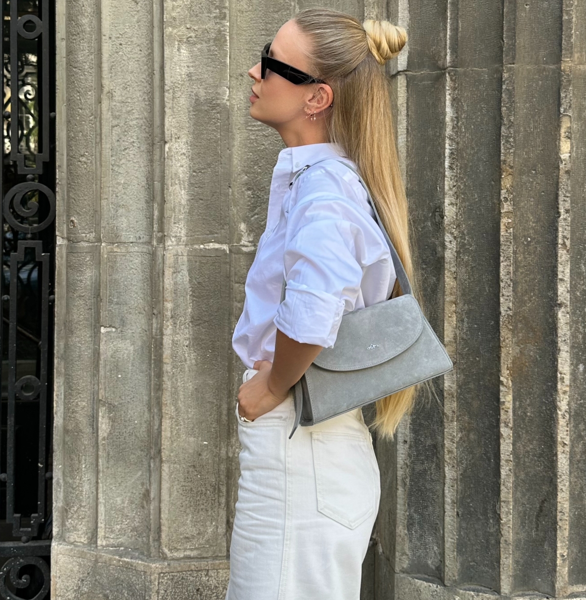 Geantă gri Siena petite din piele întoarsă naturală - Img 6