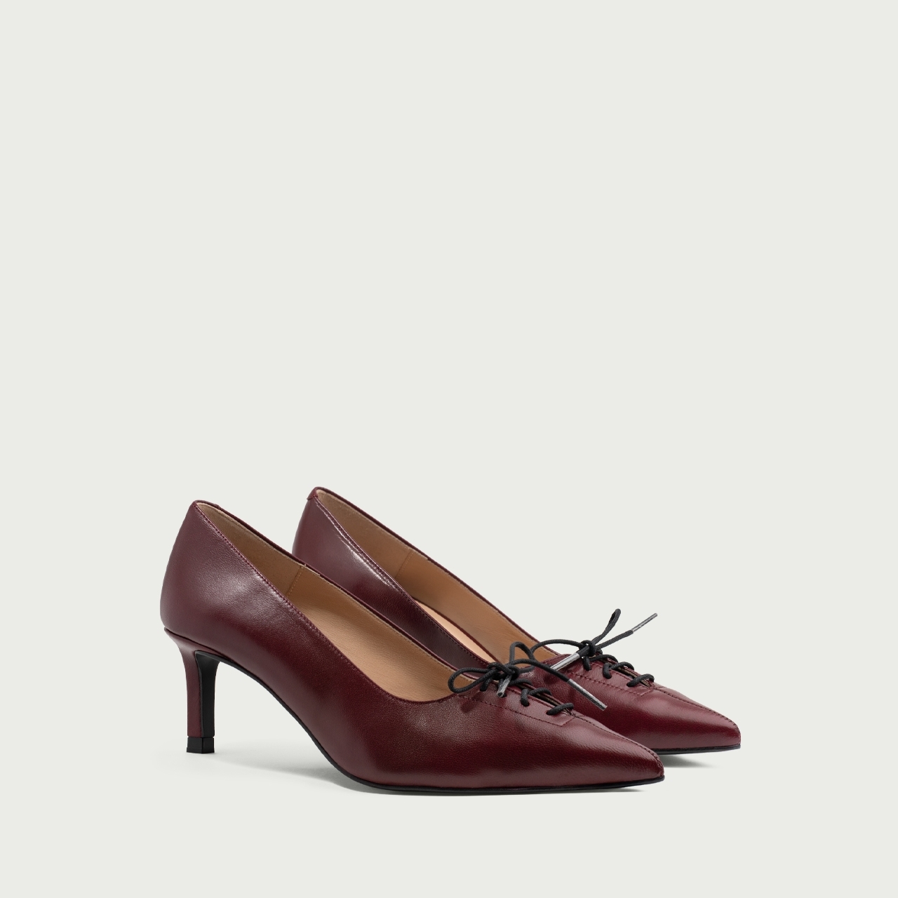 Pantofi burgundy cu toc subțire și șiret Ally din piele naturală - Img 4