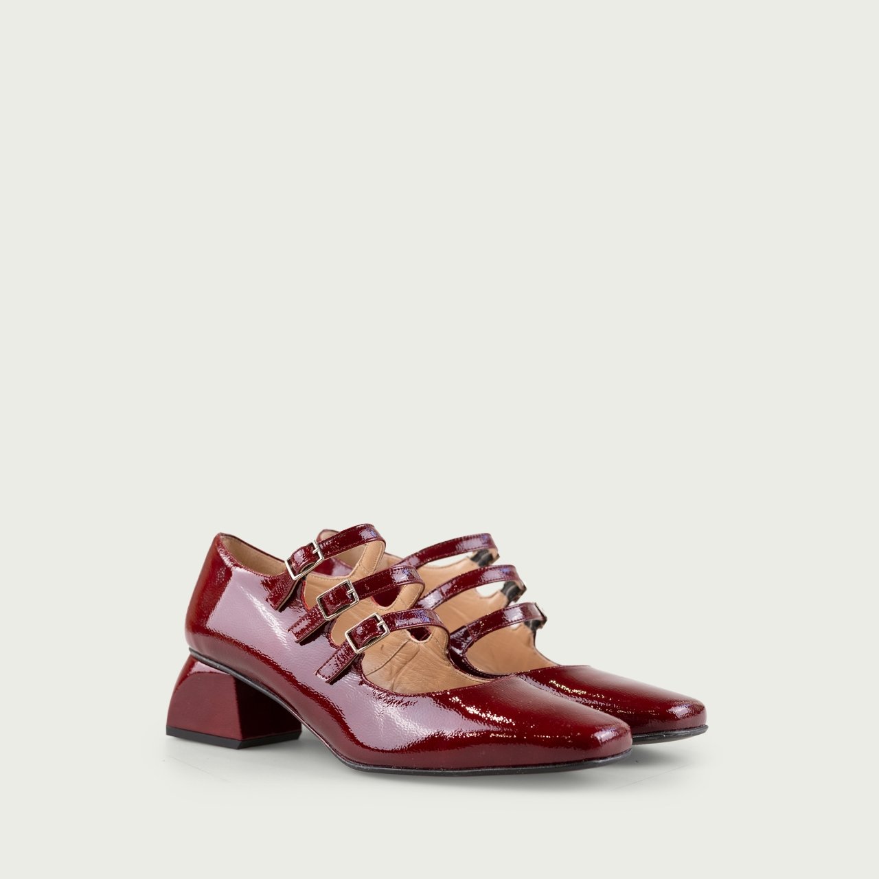 Pantofi cu toc gros și barete burgundy Leanne din piele naturală lăcuită - Img 3