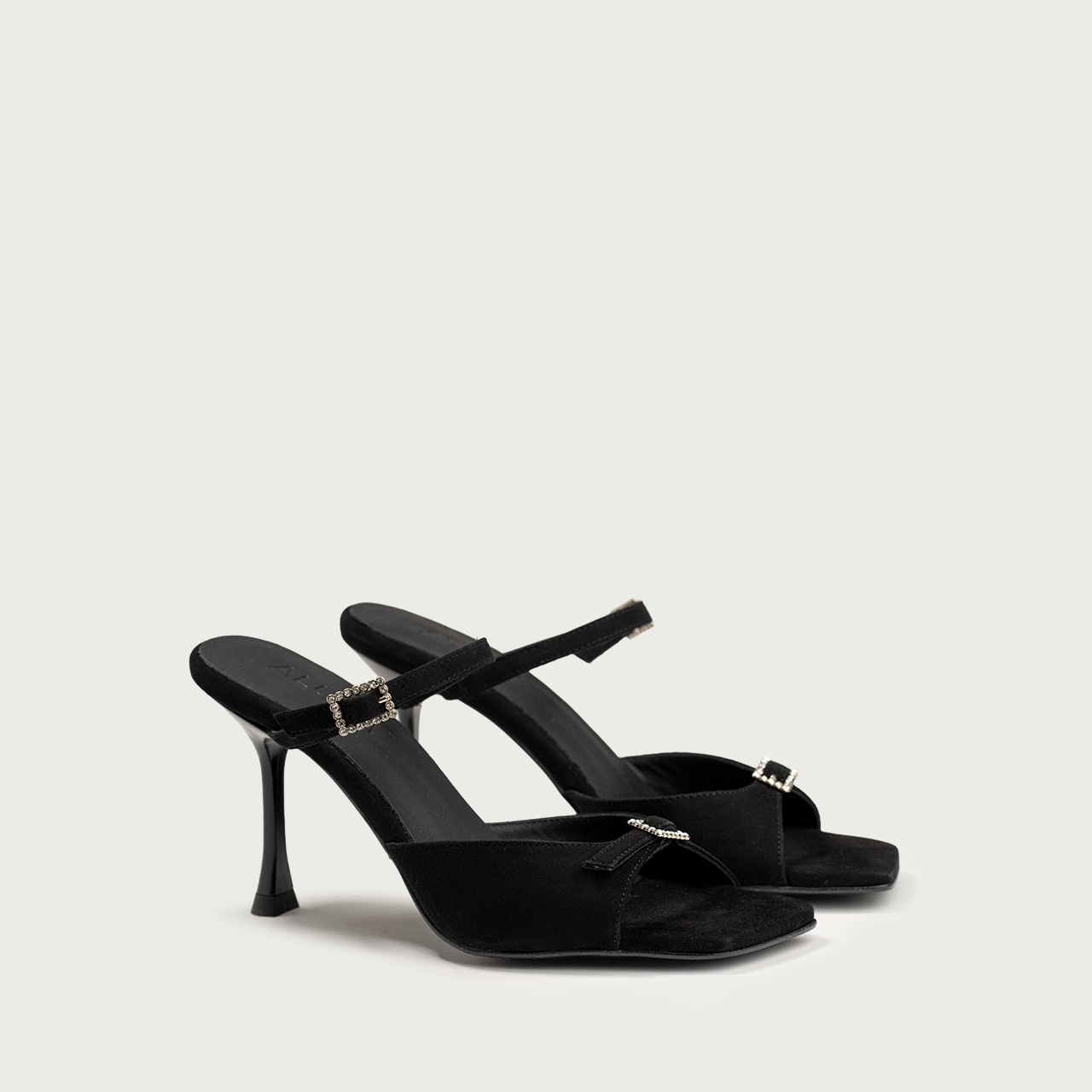 Sandale elegante cu toc subțire negre Valentina din piele întoarsă naturalǎ - Img 3