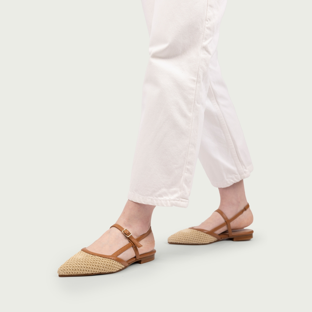 Balerini decupați camel cu vârf ascuțit Anka piele naturală și fibră textilă - Img 8