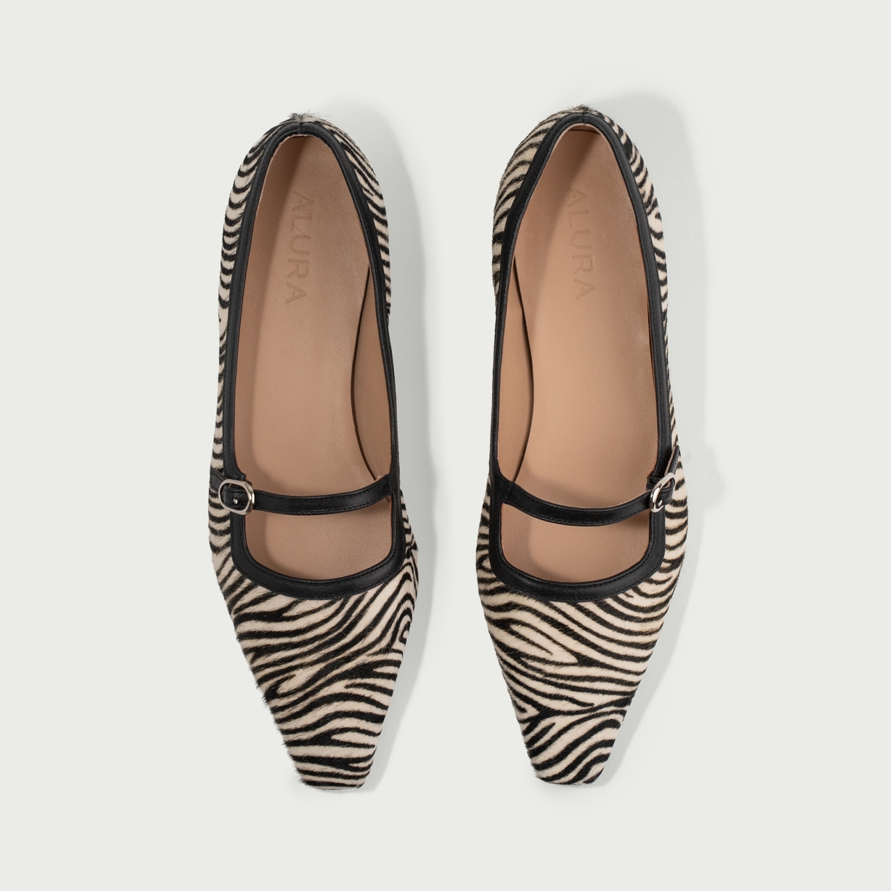 Balerini zebra print cu vârf ascuțit Lydia din piele naturală cu păr - Img 3