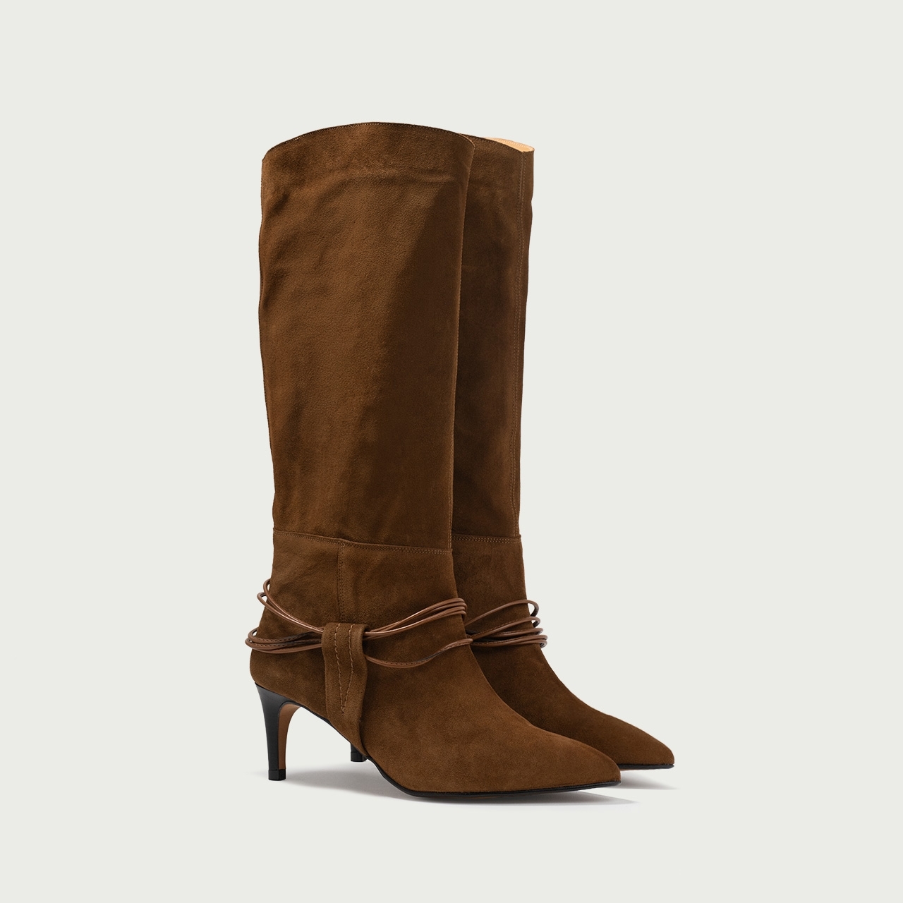 Cizme lungi cu toc subțire Alessandra din piele întoarsă naturală camel - Img 6