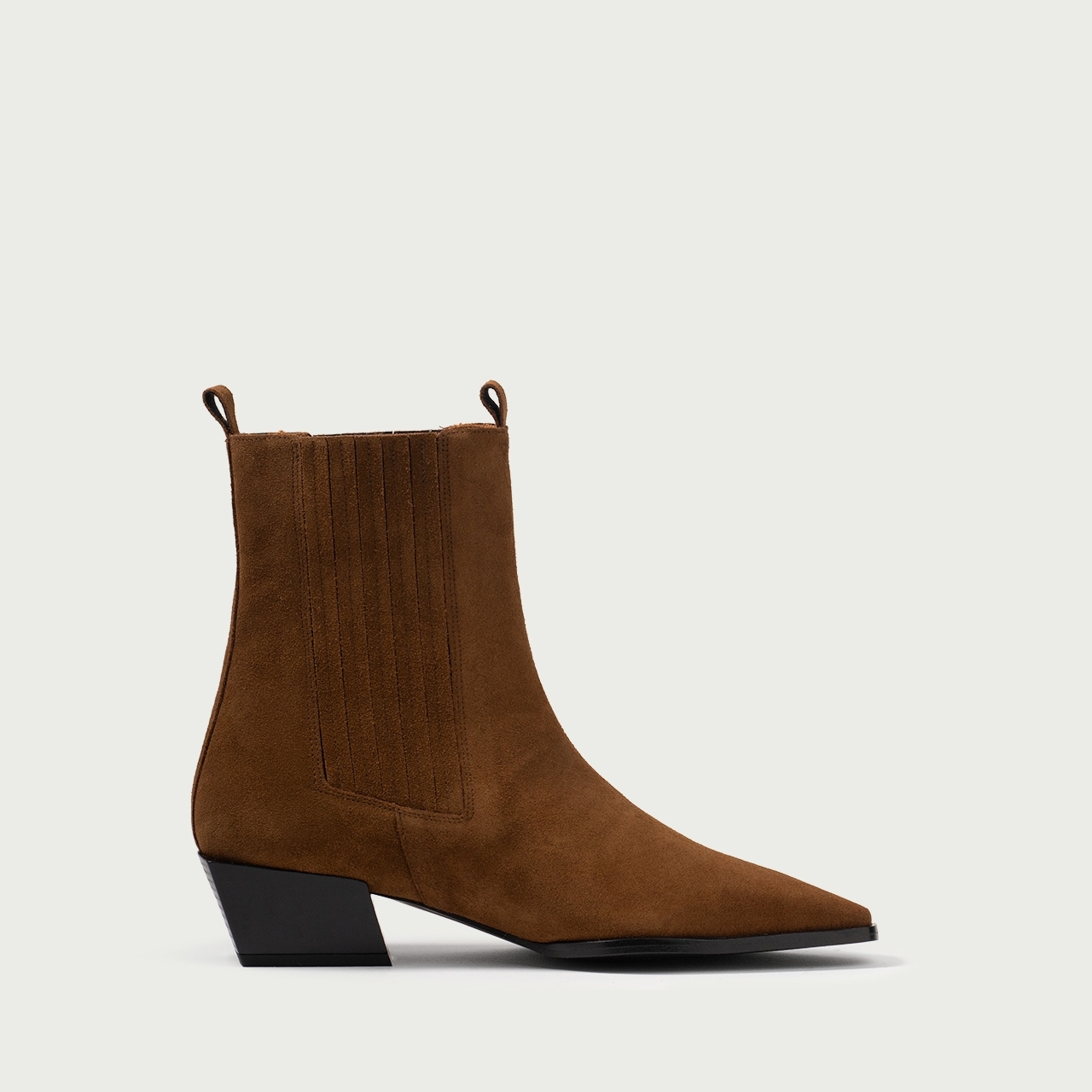 Cizme scurte cu toc gros și elastic lateral Noel din piele întoarsă naturală camel - Img 5