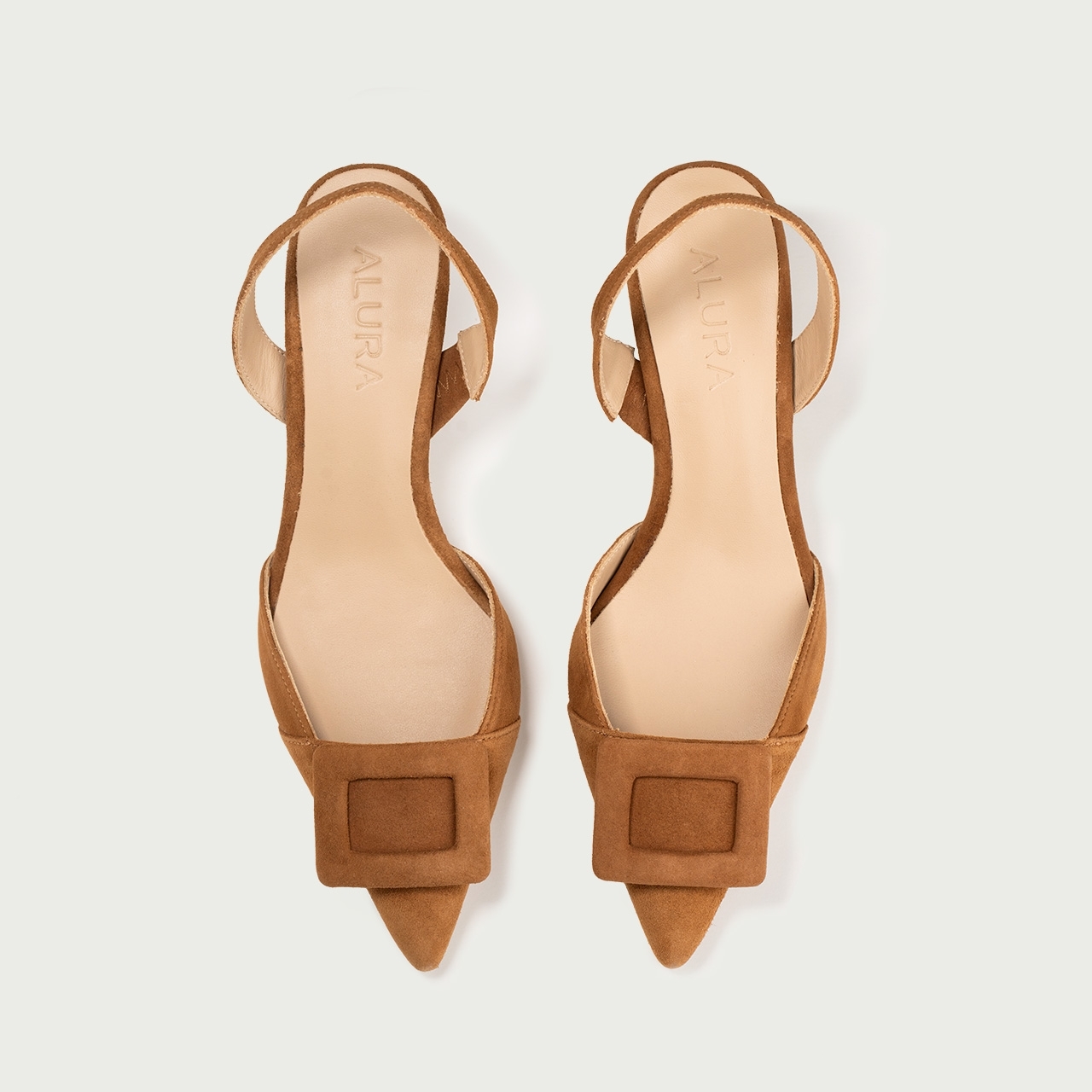 Pantofi cu toc avazat și accesoriu geometric camel Barbara din piele întoarsă naturală - Img 4