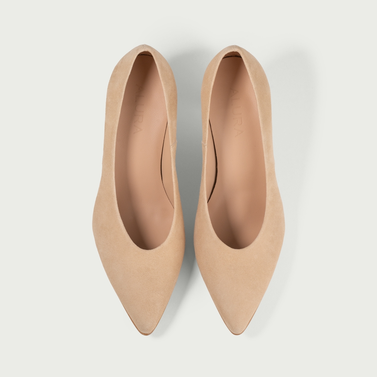 Pantofi cu toc subțire bej Alecsandra din piele întoarsă naturală - Img 3