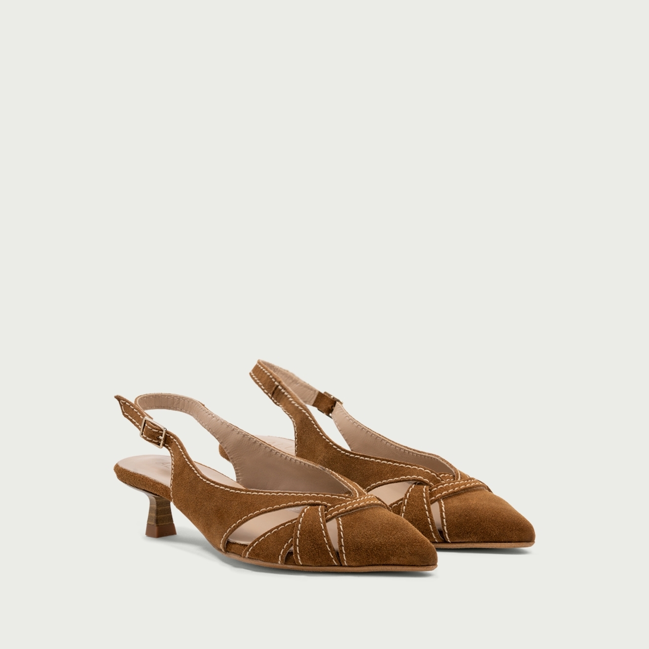 Pantofi decupați cu toc subțire camel Daphne din piele întoarsă naturală - Img 2